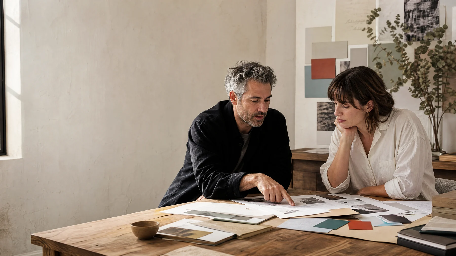Career coach and professional reviewing work samples in an editorial studio