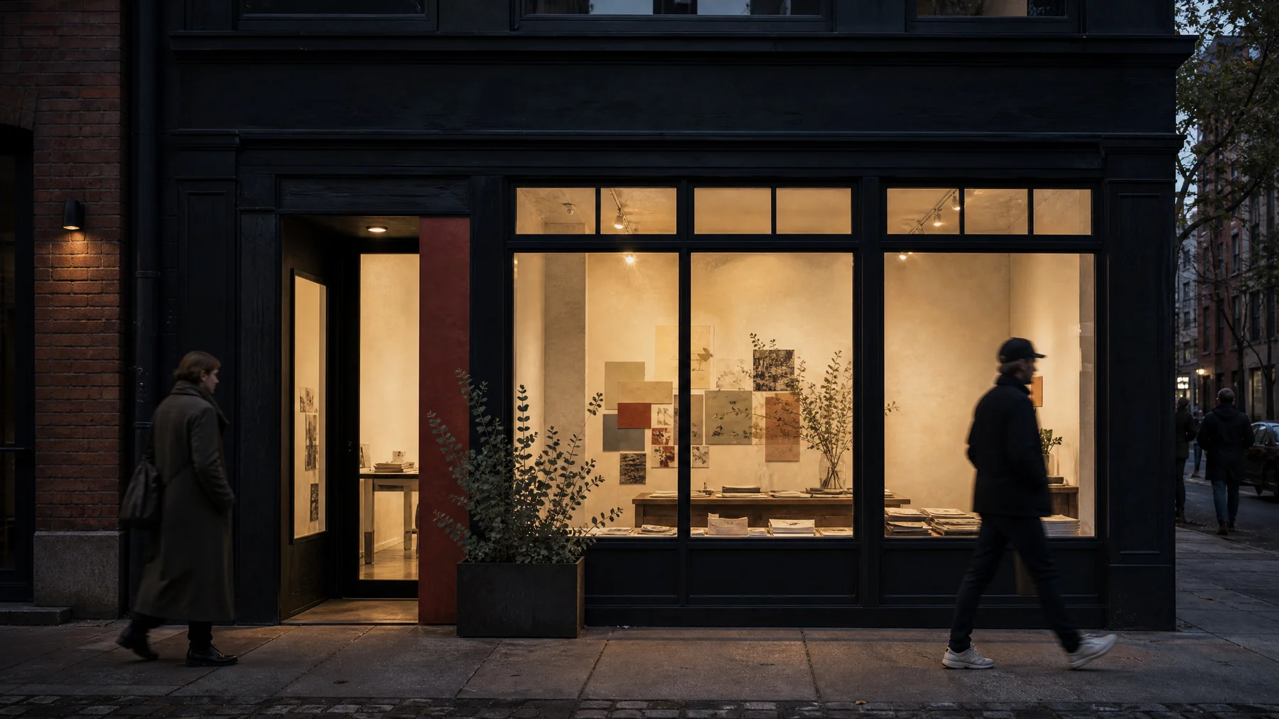 Warm light from an independent career studio at dusk