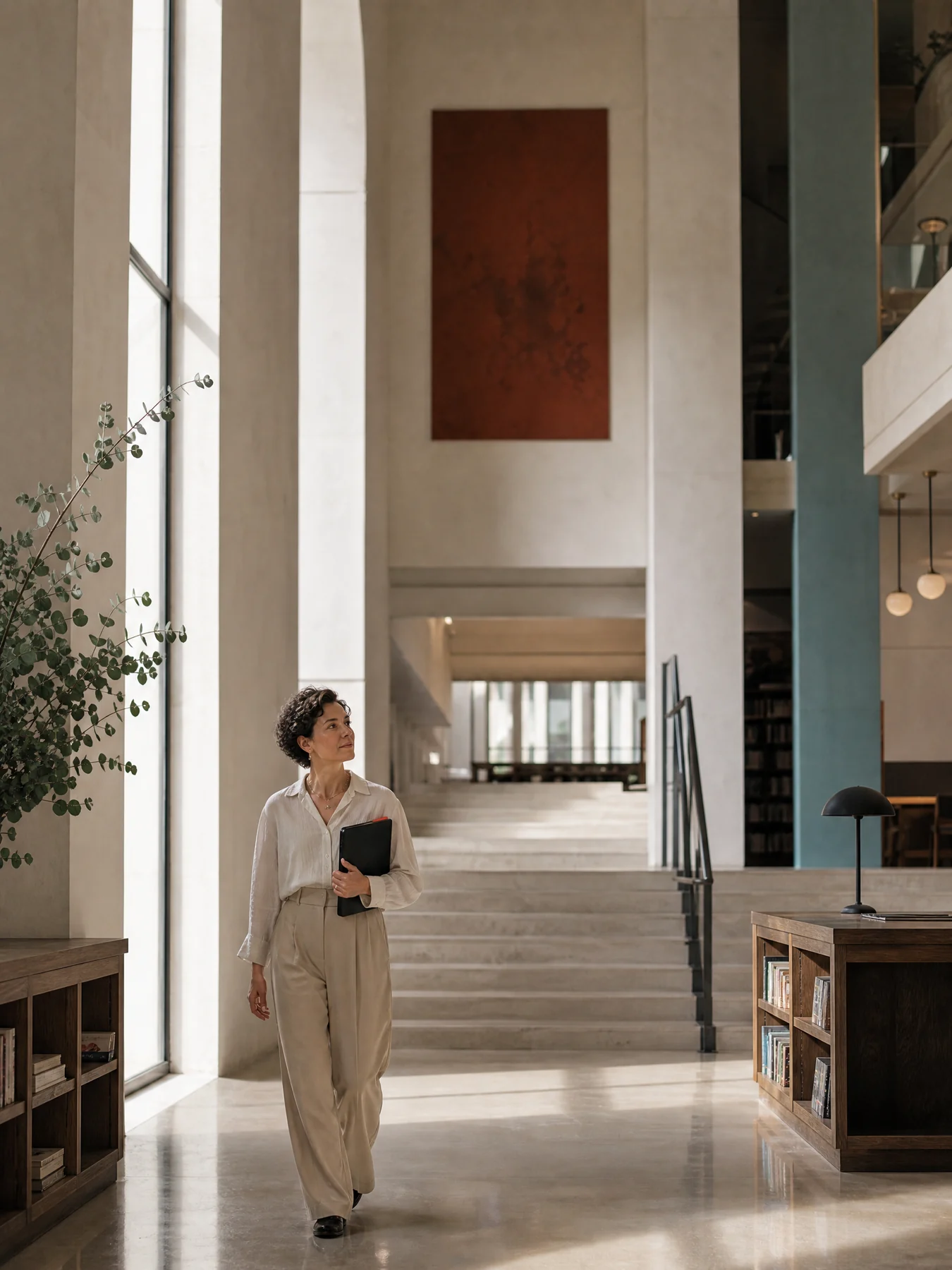 Professional walking through a civic library atrium