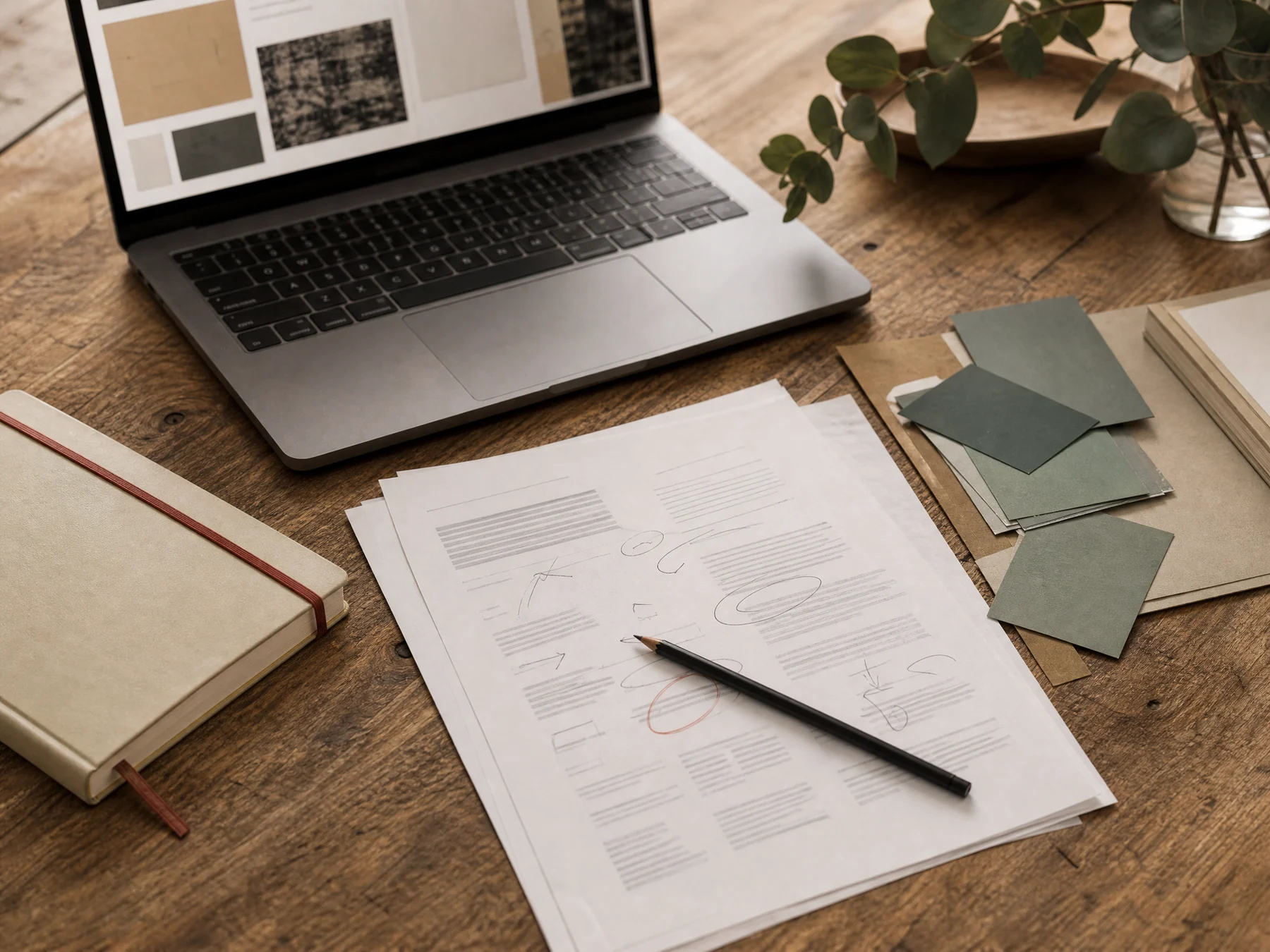 Laptop, notebook and marked career working brief on a desk