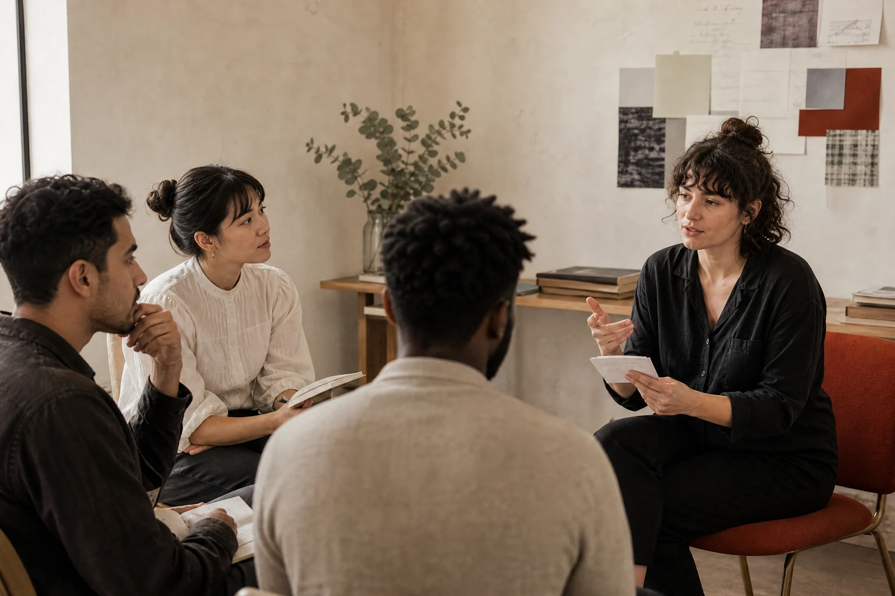 Small group rehearsing a difficult professional conversation with a facilitator