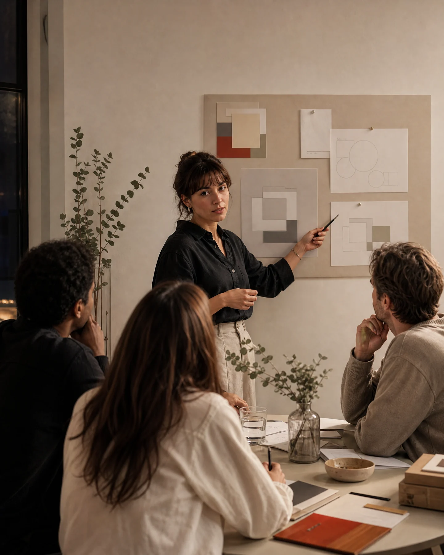 Professional presenting a work story to a calm peer group