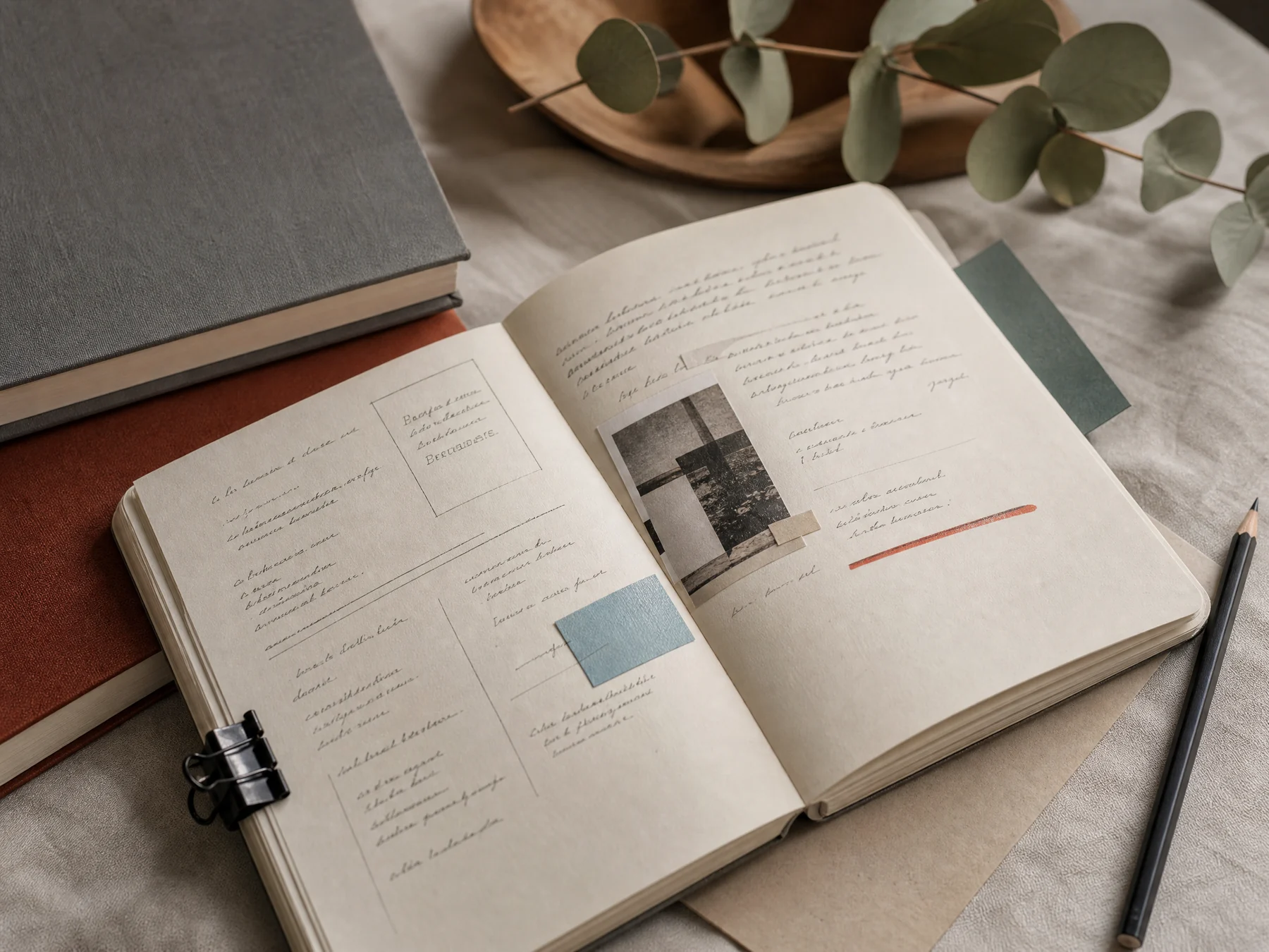 Annotated career journal, books and pencil on a reading table
